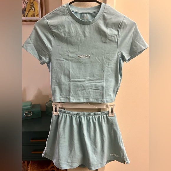 YoungLA Light Baby Blue Cropped Baby Tee and Matching Skort Set- LIKE NEW - Picture 5 of 12